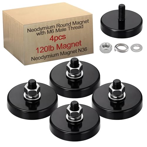 Image of Flutesan 4 Pieces Heavy Duty Round Mounting Magnet with Bolt 1.42in-120lb-m6 Black with Male Thread Stud Strong Earth Magnet Super Powerful for Lighting Camera Brackets License Plate