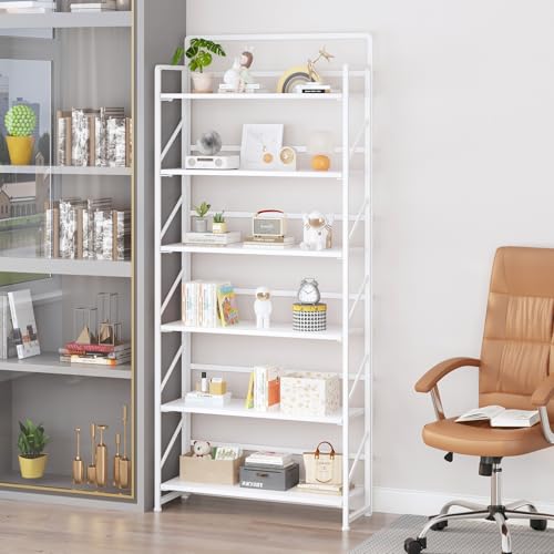 Image of JSB 6 Tier No Assembly Folding Bookshelf, 30.3 inch Wide Foldable Storage Bookcase for Home Office, Space-Saving Storage Shelf for Living Room (All White)