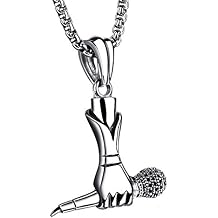 PAURO Mens Stainless Steel Singer Microphone Pendant Music Charm Necklace Hip Hop Jewelry Silver/Black