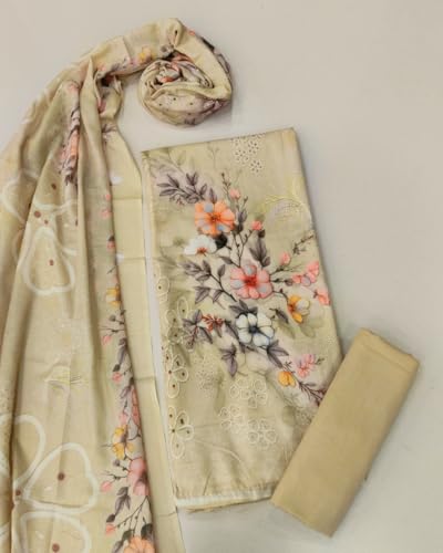 Image of KTI Women Cotton Unstitched Salwar Suit Material with Dupatta Geometric & Floral Printed Dress Material for Daily Wear Casual & Office Wear