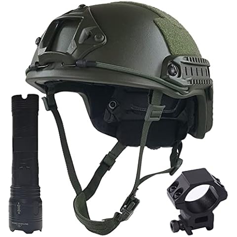 AQ zxdc Bulletproof Helmet Kevlar FAST Tactical Helmet, with 1500 Lumen Bright Flashlight, Outdoor Military Protective Grar,Green,L Cover
