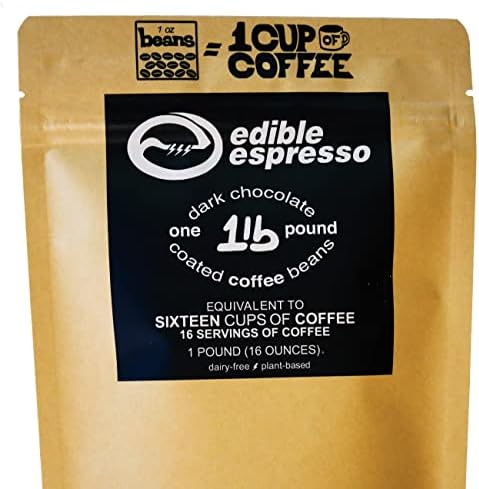 Edible Espresso - Dark Chocolate Covered Coffee Beans 150mg caffeine = one cup of coffee! Plant-based, Dairy-Free Natural Energy. (1 pound / 16 servings)