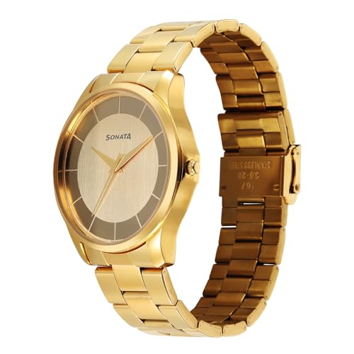 Image of Sonata Traditional Essentials Quartz Champ Gold Round Dial Men's Watch | Analog Watch | Watches for Men Analog - 77163YM02W