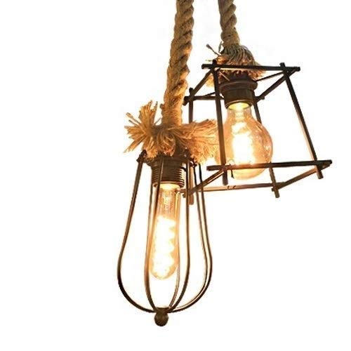 Plafonnier corde de chanvre double douille E27 avec plaque en fer noir au design rétro soigné