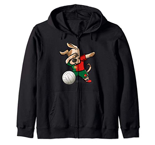 Dabbing Dog Proud Portugal Volleyball Lovers Portuguese Flag Zip Hoodie, Black