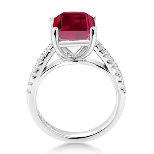 Gem Stone King 4.06 Cttw Red Created Ruby and White Created Sapphire Engagement Ring For Women | 925 Sterling Silver | Emerald Cut 10X8MM | Available In Size 5, 6, 7, 8, 94