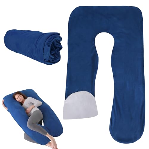 LEKEFETO Funda de almohada de maternidad en forma de U, funda de almohada extraíble de algodón en forma de U para maternidad, funda de repuesto para adultos, lavable a máquina, 140 x 80 cm, azul