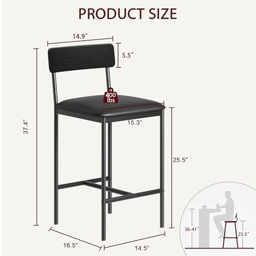 Image of Garvee Bar Stools Set of 4, Upholstered Counter Height Bar Stool with Backrest and Footrest, Wider Seat, Kitchen Barstools for Kitchen Island, Dining Room, Easy Assembly, Retro Black