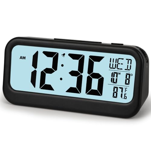 Image of FAMICOZY Digital Alarm Clock with Calendar Indoor Temperature,Adjustable Snooze,Crescendo Alarm,Manual DST,Light on Demand,No Ticking for Bedside Travel,Black