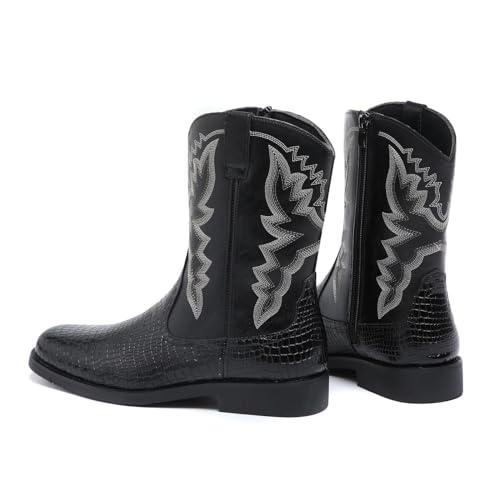 Santimon Men's Crocodile Western Cowboy Boots, Side Zipper, Mid Calf, Silver Stitching, Square Toe Leather Boots4