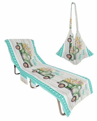 Easter Green Truck Beach Chair Towel Covers for Chaise Lounge With Side Pocket, Soft Plush Pool Towels Cover for Patio Sunbathing Outdoor 29''x85'' Farmhouse Eggs Tulip Wood Grain