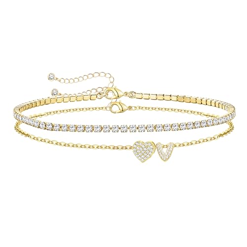 Image of Gold Initial Ankle Bracelets for Women 14K Gold Plated CZ heart Tennis Anklets for Women Waterproof Adjustable Initial Anklets Large Ankle Summer Beach Foot Jewelry