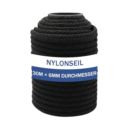 NQ Nylonseil 30m x 6mm Durchmesser, hochreißfestes Tauwerk aus Nylon, wetterfest und UV-beständig, ideal für Camping, Outdoor, Haushalt und Handarbeit DIY (Schwarz)
