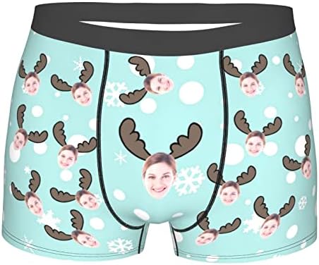 Jinlinjew Custom Face Boxer Briefs, Personalized Printed Photo with Christmas Hat, Customize Girlfriend Faces Funny Novelty Shorts Xmas Underwear Lover Flat Pants