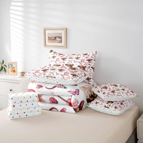 Image of Bow Highland Cow King Size Bedding Sets with Sheets,Comforter,Pillowcases,Pillow Covers 7 Pcs Cartoon Butterfly Heart Flowers Romantic Comforter Set Pink Cowboy Boots Southwestern Bedroom Dorm Bed Set