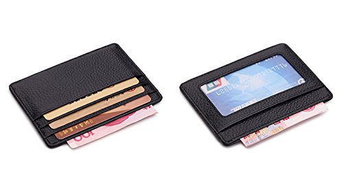 MEKU Handmade Genuine Leather Unisex Slim Card Case Super Thin Fashion Card Holder Compact Wallet With ID Card Window Black2