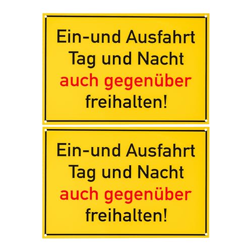 Hinweisschild Ein- und Ausfahrt auch gegenüber freihalten!, 2 Stück, 30 x 20 cm, 1 mm starkes PVC Schilder mit Bohrlöchern, Parken hier verboten für Innen- und Außenbereich, Parkverbot Warnhinweis