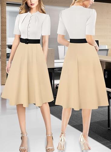 Image of VFSHOW Womens 2024 Business Work Office Pockets Belted Buttons Elegant Fit and Flare A-Line Dress