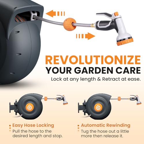 Retractable Garden Hose Reel 100ft, 1/2" Reinforced Leak-proof Water Hose With 10-Pattern Nozzle, Slow Rewinding, UV Resistant, Durable Brass Fittings, 3-Layer PVC, 180 Swivel Bracket