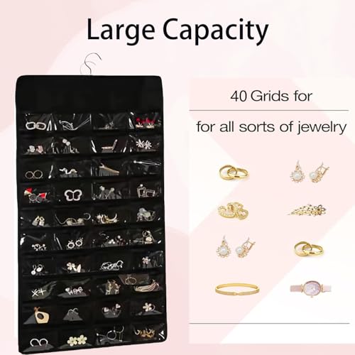MLAHBT Schmuck Organizer Hängend, Schmuckaufbewahrung Doppelseitige mit Metallhaken Schmuckorganizer zum Aufhängen, Schmuckaufbewahrung für Ketten, Ohrringe und Armbänder (Schwarz, 48 Gitter)