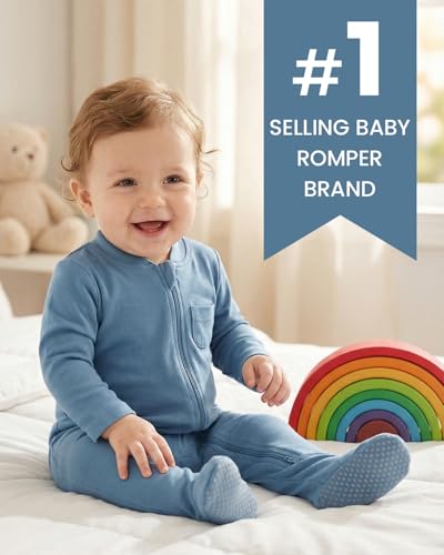 JiAmy Pyjama Bébé Fille Garçon, 2PCS Dors Bien Manches Longues Bébé, 100% Coton Combinaison avec Pieds Bébés, Nouveau-Né Vêtements Bleu Gris 0-3 Mois – vue 3