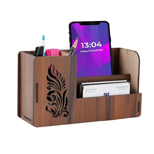 Image of Automobiles Pen Stand With Visiting Card & Mobile Holder Multipurpose Wooden Desk Organizer Pen And Pencil (Design 2), Brown
