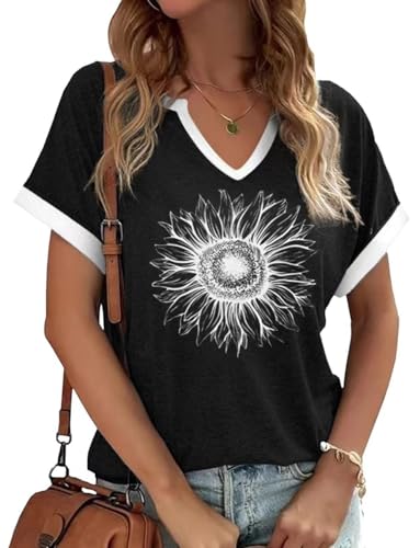 Image of Casual V-Neck Graphic Tees for Women Summer Cute Short Sleeve Holiday Family Match T-Shirt Tops, Notched-black-4, XXL