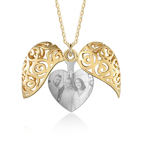Personalized Pictures Photo Locket Necklace Rose & Sunflower Heart Shaped Angel Wing Sterling Silver/Gold Custom Locket Necklace Jewelry Gifts for Women (Color-C)