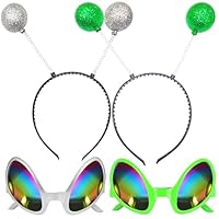Goenb 2 Pairs Alien Headband and Glasses, Alien Antenna Headband for Adult Women Space Theme Costume for Halloween Dress Up
