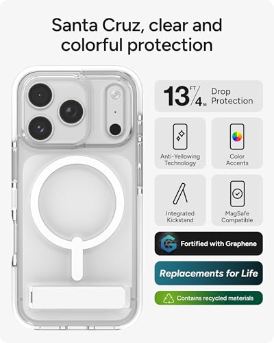 Image of ZAGG Santa Cruz Snap Case with Kickstand for iPhone 17 Pro - White, Drop Protection (13ft /4m), MagSafe Charging Compatible, ClearGuard Anti-Yellowing Technology, Scratch Resistant Phone Case