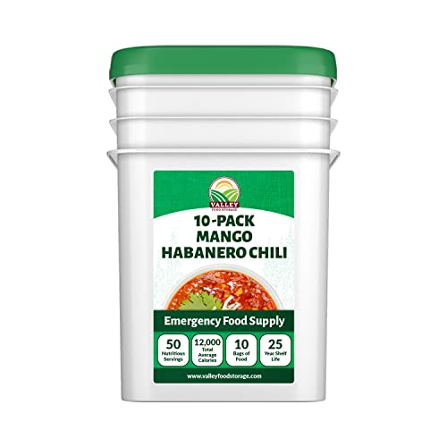 Image of Valley Food Storage Mango Habanero Chili | 10-Bag Bucket, 50 Servings | Premium Emergency Food Supply, 25 Year Shelf Life | Survival Meal Kits, Prepper Food & Off-Grid Living Supplies, Packaged in USA