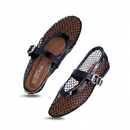 Image of EMMA NEW YORK Mesh Ballet Flats for Women, Mary Jane Mesh Ballet Flats Shoes for Women with Buckle Strap