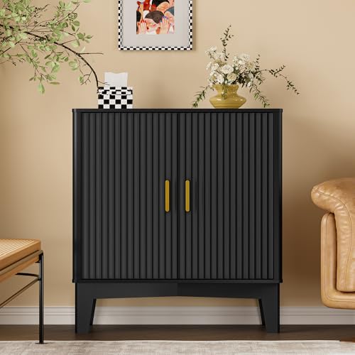 Image of BORNOON Storage Cabinet with Doors and Adjustable Shelf, Modern Fluted Sideboard Buffet Cabinet, Freestanding Coffee Bar for Kitchen, Pantry, Entryway, Living Room (Black)