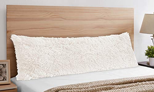 Boho Bohemian Off White Fuzzy Faux Fur Plush Accent Decorative Couch Long Throw Zipper Body Pillow Cover Case 54x20 Ivory Cream Shaggy Fluffy Farmhouse Textured Rustic Home Room Decor Teen College