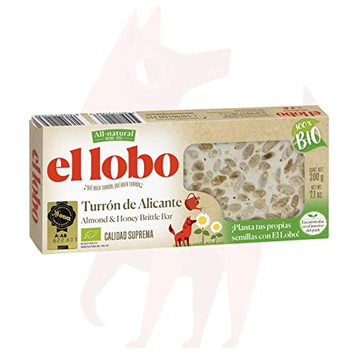 EL LOBO - Turrón de Alicante 100% BIO 200g, 'All Natural', Ecofriendly, Turrón Tradicional, Ingredientes Naturales, Textura Crujiente, Calidad Suprema, Sin Gluten