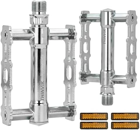Thinvik Bike Pedals of 9/16 Inch - Retro Silver Bicycle Flat Pedals with Reflectors - Lightweight Aluminum Alloy Platform Pedals with 2DU Sealed Bearings for Mountain, BMX, and Road Bikes