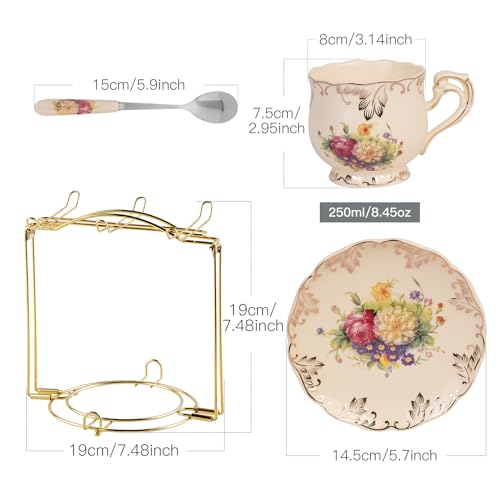 YOLIFE 8 OZ Flowering Shrubs Tea Cups and Saucers Set of 6, Ivory Ceramic Floral Teacups Set, Coffee Cups with Golden Rack