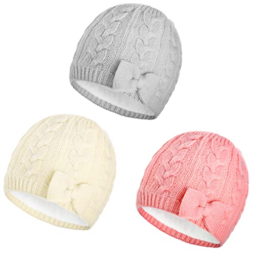 Image of SATINIOR 3 Pieces Fleece Lined Baby Beanie with Bow, Infant Newborn Toddler Kids Winter Warm Knit Cap for Boys Girls
