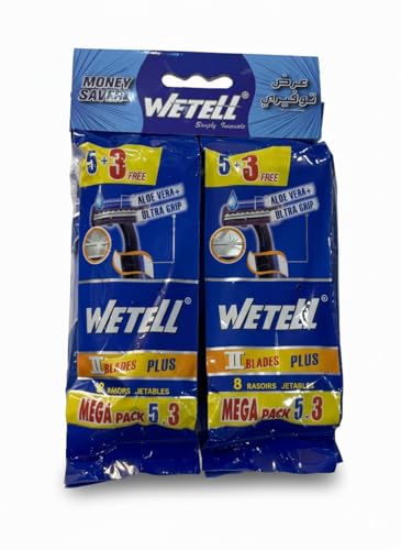 Image of WETELL II Blades Plus Disposable Razors for Men & Women, Aloe Vera Lubricating Strip, Ultra Grip Handle, Mega Pack 5+3 Free (8 Razors), Twin Blade Shaver (WT2889)