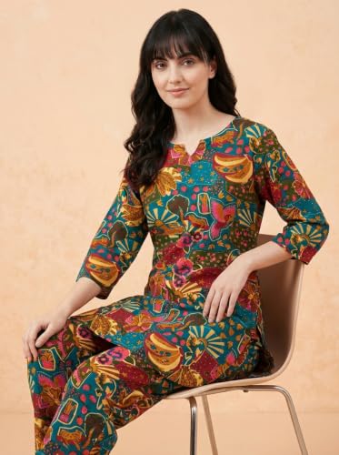 Image of Bee M Pee Designer Trendy Floral Printed Poly Rayon Cotton Kurta Coord Sets for Women | Stylish Casual Kurti Tunic Cord Set with Pant for Woman for Office
