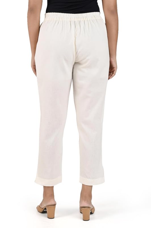 Image of Women's Solid Straight Fit 100% Cotton Trousers | High Waist, Side Pockets, Ankle Length Pants for Office, Casual