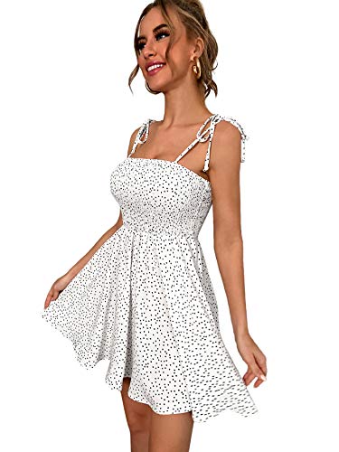 SheIn Women's Boho Sleeveless Tie Shoulder Polka-Dots Shirred Flared Cami Dress White Small