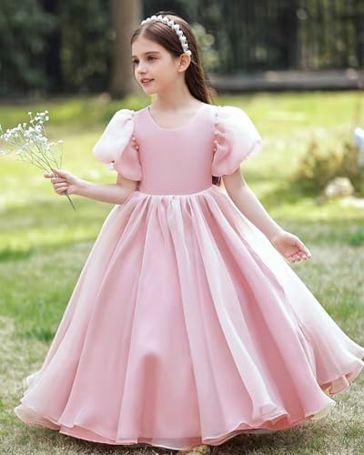 Tulle Flower Girl Dress with Puff Sleeve Backless First Communion Dress with Bow Girls Ball Gown Dress with Pearl4