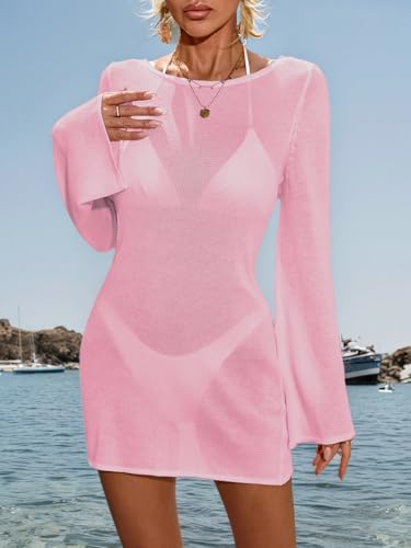Womens Crochet Sheer Knit Swimsuit Coverup Beach Dress Summer 2025 Sexy Backless Boat Neck Bathing Suit Cover Up3