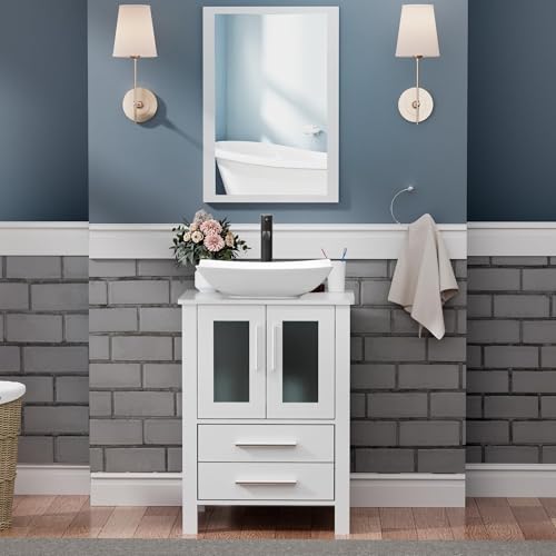 UEV 24 White Bathroom Vanity,Tempered Glass Vessel Sink Combo,Bathroom Vanity Top with Sink Bowl,20 inch Deep, 30% Water Saving Faucet,Mirror Not Included(A16 New)
