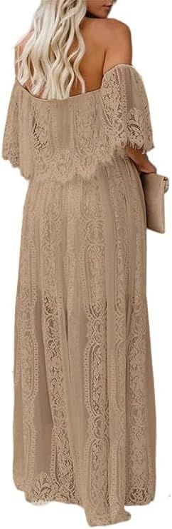 HOYISHION Women's Off The Shoulder Floral Lace Maxi Dress White Bridesmaid Wedding Party Maternity Photoshoot Long Dresses - Image 3