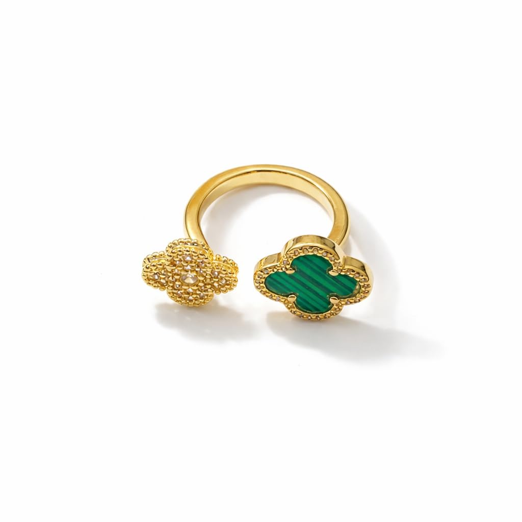 Dual Clover Statement Ring (Green & Crystal) - Adjustable Gold-Tone Ring for Women & Girls | Lightweight | Anti Tarnish | Aesthetic Jewelry | Accessories for Everyday Wear |-image-28