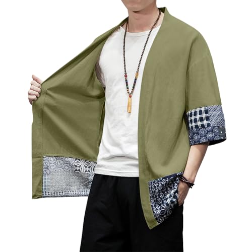 Image of PRIJOUHE Men's Kimono Jackets Cardigan Lightweight Casual Cotton Blends Linen Seven Sleeves Open Front Coat Outwear