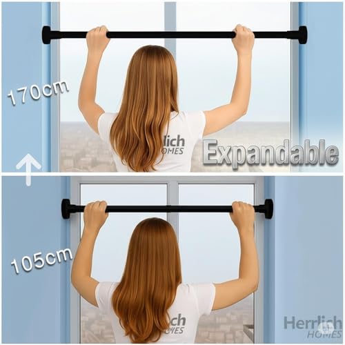 Image of Herrlich Homes (105 to 170 cm Extendable Shower Curtain Tension Rod | Non-Drilling Anti-Skid Spring Pull Rod | Adjustable Size | with Rubber Pads | Stainless Steel, Silver | Black | Large