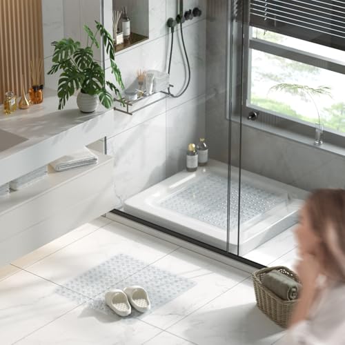Image of HITSLAM Shower Mat Anti Slip, Square Bath Mat for Tub Non Slip with Suction Cups and Drain Holes, 24x24 Inch Bathroom Shower Stall Floor Mat, Machine Washable, Soft on Feet, Clear